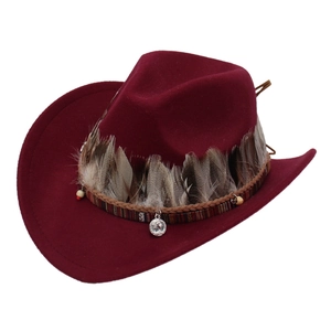 Burgundy Western cowboy hat featuring feather trim and decorative beaded metal charms