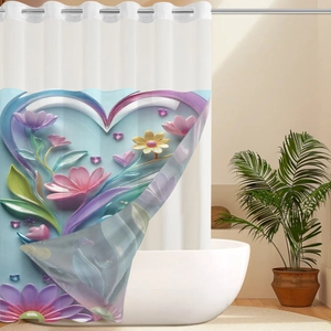 Detail view of the 3D heart flower waffle print and metal grommets on the shower curtain