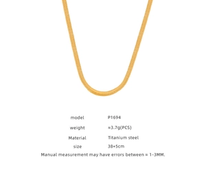 Macro view of P1694 gold titanium steel herringbone chain with detailed size specifications