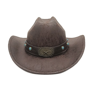 Western Cowboy Hat Vintage Cracked Texture Wide Brim Fedora With Star Buckle Leather Band And Turquoise Beads