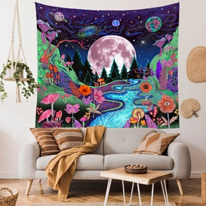 Tapestry featuring psychedelic forest with glowing mushrooms and full moon for room decor