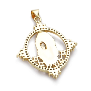 Detail shot of vintage 14K gold-plated oval pendant featuring cubic zirconia and a holy figure