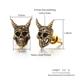 Gothic punk skull stud earrings in retro yellow gold finish with mirror polished surface
