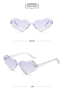 Front and side views of heart-shaped sunglasses in transparent purple fashion frames