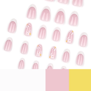Short almond press-on nails with white French tips and delicate daisy floral designs