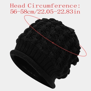 Detailed view of black knitted hat with head circumference measurements 56-58cm
