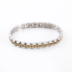 Two-tone silver and gold stainless steel link bracelet with watch strap style design