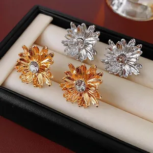 Elegant Alloy Flower Stud Earrings With Rhinestone Center And Silver Earring Post For Women Retro Chic Accessory