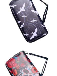 Long zip wallets with gothic bat and skeleton rose patterns on textured leather