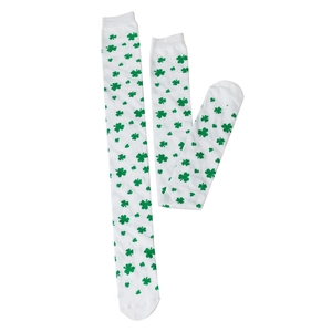 Detail of St. Patrick's Day white over-knee socks with green shamrock clover print