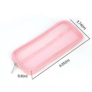 Beauty case in rete di nylon rosa con dimensioni 9,05x3,74x0,8 pollici e zip metallica