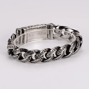 Retro punk hip hop silver totem bracelet with engraved religious symbols and cuban links