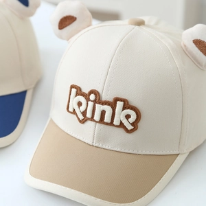 Kinder-Baseballkappe mit Bärenohren aus beiger Baumwolle, pinkem Stick und Khaki-Schirm