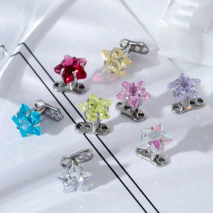 Star shaped stainless steel ear studs with colorful zircon crystals in various colors