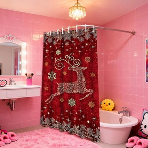Detail view of red Christmas shower curtain featuring a golden snowflake reindeer motif