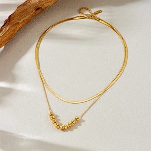 Double-layered 18K gold plated stainless steel necklace with bead chain and snake chain
