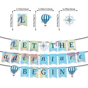 Travel Theme Party Banner Let The Adventure Begin Paper Bunting Hot Air Balloon Compass World Map Retro Hanging Decoration