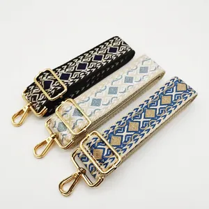 Ethnic style woven polyester crossbody bag straps with gold metal lobster clasps