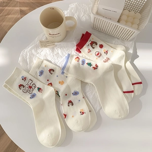 Chaussettes Mi-Mollet Femme Coton Peigné Dessin Animé Petit Chaperon Rouge Style Preppy Respirantes Douces Kawaii