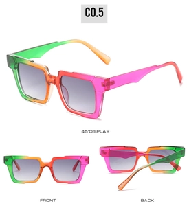 Multi-angle view of square rainbow gradient sunglasses with grey tinted lenses
