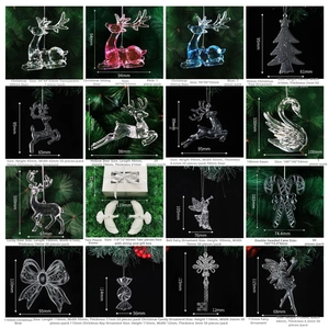 Detailed grid of assorted clear acrylic Christmas ornaments including reindeer and snowflakes