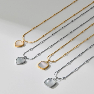 Minimalist mother of pearl heart and square pendant necklaces in gold and silver plating