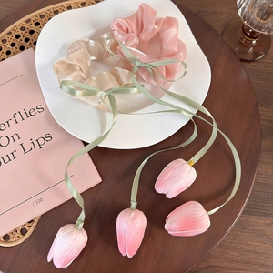 Elegant 2-piece tulip flower scrunchies set with long ribbons and satin silk texture