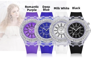 Detail view of rhinestone bezel Geneva quartz watches in purple, blue, white, and black