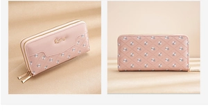 Pink women long zipper wallet with floral print, rhombus texture and gold hardware details