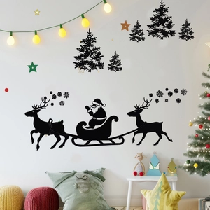 Stickers muraux de Noël avec traîneau du Père Noël et silhouettes de rennes déco
