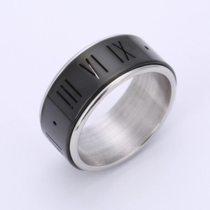 Minimalistischer drehbarer Edelstahlring mit römischen Ziffern in Schwarz und Silber