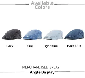 Detail of four colors of washed denim newsboy caps with vintage distressed texture