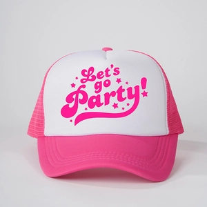 Pink and white Let's Go Party foam trucker hat with breathable mesh and party print