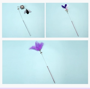 Three-frame collage showing purple, grey and white feather cat teaser wands with beads