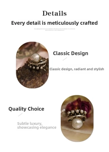 Macro detail of a vintage metal ring featuring a large central pearl and small pearl accents