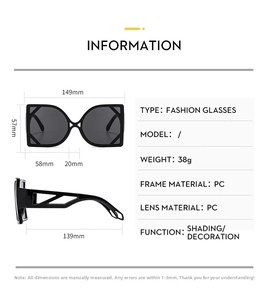 Detailed size chart for oversized cat-eye sunglasses with PC frame measurements