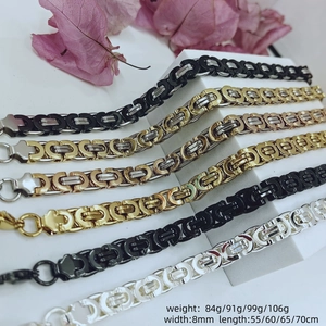 Detailed specs of Byzantine stainless steel chains showing 8mm width and various lengths