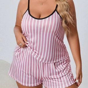 Women's plus size pink striped loungewear set with camisole top and matching shorts