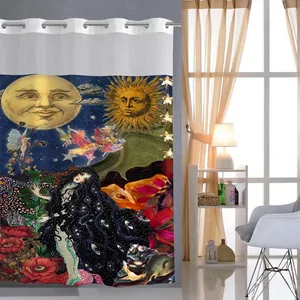 Rideau De Douche Imperméable Polyester Gaufre Vintage Floral Aurore Soleil Lune Imprimé Anneau Doublure Magnétique