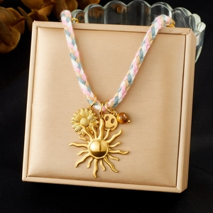 Sunflower Sun Smiley Face Pendant Necklace Colorful Woven Rope Stainless Steel Gold Plated Bohemian Jewelry For Women