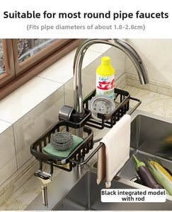 Dual-tier black metal faucet rack with rag bar for sink drainage and storage