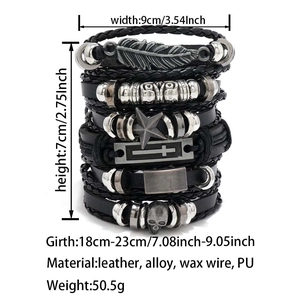 Detail view of 6pcs punk leather bracelets with skull, cross and feather metal charms