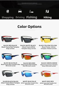 Matrix showing various outdoor sports sunglasses with streamlined frames and colored lenses