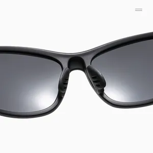Detailed close-up of non-slip nose pads and matte black bridge on polarized sport sunglasses