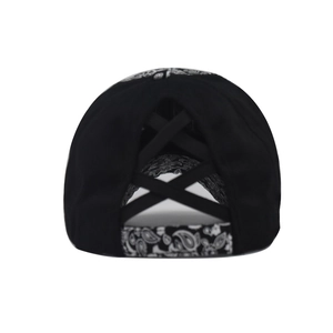 Black cross-back ponytail baseball cap with paisley print brim for outdoor sun protection