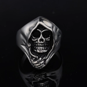 Gothic skull reaper ring for men in vintage stainless steel with deep engraved details