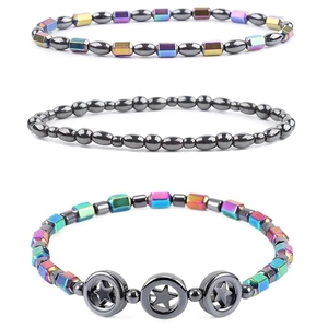 Detailed set of three magnetic hematite bracelets with rainbow and dark grey beads