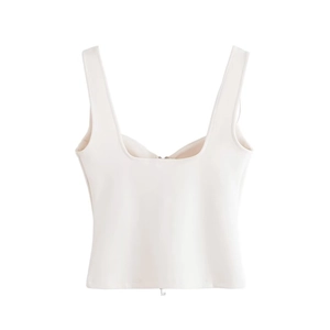 Flat lay of a white cropped tank top with wide straps and square neck in elastic fabric