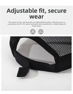 Detail view of the adjustable velcro strap on the breathable black mesh sports cap