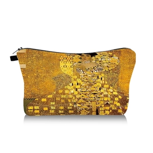 Macro shot of rectangular toiletry bag featuring Gustav Klimt oil painting print art